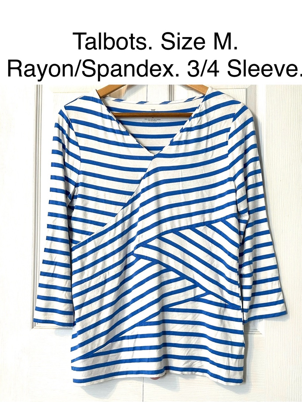 5/$15💥 Talbots Blue & White Striped 3/4 Sleeve Top Rayon Tee Blouse Stretch